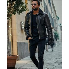 Deri Work Hakiki Deri Kürk Yaka Siyah Erkek Deri Mont Yandan Cepli Deri Ceket