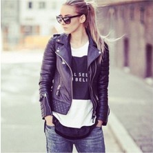 Hakiki Deri Siyah Beli Kapitoneli Kadın Deri Mont