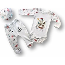 3-6 6-9 9-12 Ay Minik Korsan Nakışlı Şapkalı Uzun Kollu Zıbınlı 3lü Kız-Erkek Bebek Takımı Ekru