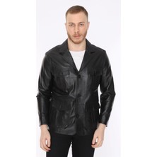 Hakiki Deri Siyah Blazer Cepli Erkek Deri Ceket
