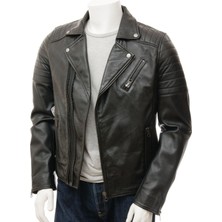 Hakiki Deri Siyah Biker Üç Cepli Erkek Deri Ceket