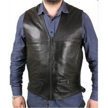 Hakiki Deri Siyah Calvin Fermuarlı Erkek Deri Yelek