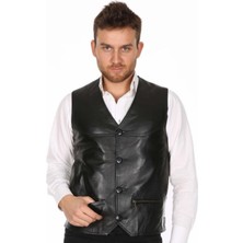Hakiki Deri Siyah Casual Düğmeli Erkek Deri Yelek