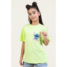 Kız Çocuk Stitch Baskılı T-Shirt Rahat Kalıp