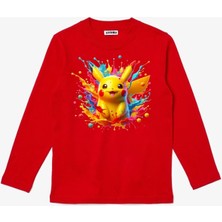 Uzun Kollu Pikachu Pokemon Renkli Arkafon Baskılı Renkli Pamuklu Çocuk Tişört