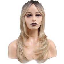 Bilfold Katlı Kesim Perçemli Düz Fiber Sentetik Orta Boy Peruk / Kahve / Platin Ombre ve Röfleli
