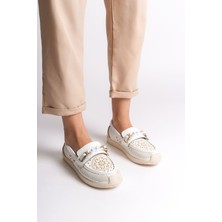 Lızy Bağcıksız Ortopedik Rahat Taban Çiçek Desenli Kadın Babet Ayakkabı  Ckt - Beyaz