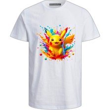 Pokemon Karakterlerinden Pikachu Baskılı Renkli Boyalar Pamuklu Çocuk Tshirt