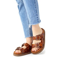 Kadın Hakiki Deri Terlik Taba Kroko Desenli Çift Tokalı Vega