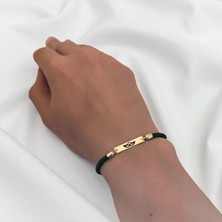 14 Ayar Plakalı Altın Bal Maske Temalı Yeşil Örgü Ipli Dikdörtgen Motifli Hediye BILEKLIK-554SEMBOL