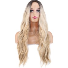 Bilfold Uzun Su Dalgası Fiber Sentetik Peruk / Kumral / Bal Köpüğü Ombre ve Platin Röfleli