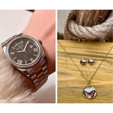 Takvimli Çelik Jübile Kordon Kadın Kol SAATI+%100 Çelik Takı Seti Hediye