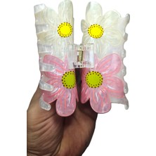 Pembe Beyaz Çiçek Desenli Kemik Saç Tokası – Bahar Temalı 9 cm Mandal Toka