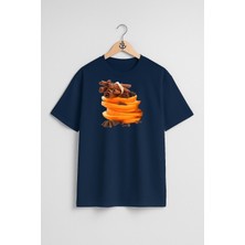 Oversize Kabuk Tarçın ve Portakal Göğüs Tasarımlı Unisex T-Shirt