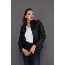 Hakiki Deri Siyah Beli Kolları Işlemeli Kadın Deri Mont