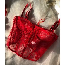 Kırmızı Puantiye Desenli Tül, Siyah, Arkası Ipli Büstiyer Korse