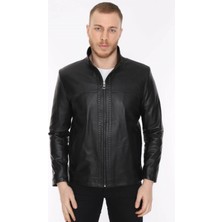 Hakiki Deri Siyah Blanc Fermuarlı Erkek Deri Ceket