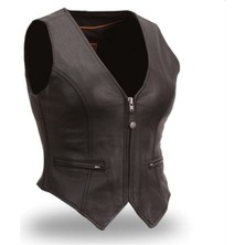 Hakiki Deri Siyah Carmen Fermuarlı Kadın Deri Yelek