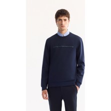 AVVA Erkek Lacivert Bisiklet Yaka Pamuklu Bi-Stretch Baskılı Regular Fit Sweatshirt A52Y1210