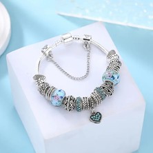 Pandora Tarz, Trend Kalp Aşk Temalı Mavi Charm Bileklik, Ahşap Kutu Içerisinde