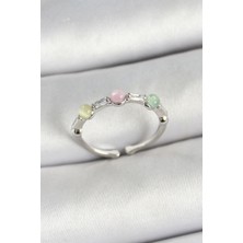 Pirinç Sıralı Boncuk Figürlü Zirkon Taşlı Gümüş Renk Ayarlanabilir Kadın Yüzük