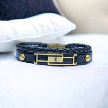 14 Ayar Altın Plakalı Z Harfine Özel Dikdörtgen Motifli Siyah Derili Hediye BILEKLIK-591HARF