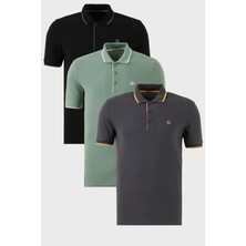 Buratti Pamuklu Slim Fit Şerit Detaylı Düğmeli Polo Yaka 3'lü Paket T Shirt Erkek T Shirt 5902118S3