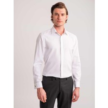 Dufy Beyaz Erkek Slim Fit Çizgili Brent Yaka Uzun Kol Gömlek