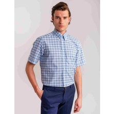 Dufy Mavi Erkek Regular Fit Kareli Elton Düğmeli Yaka Kısa Kol Gömlek - 60608