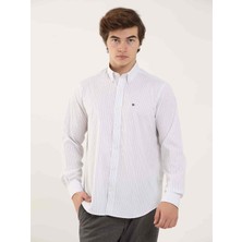 Dufy Hardal Erkek Regular Fit Çizgili Düğmeli Yaka Uzun Kol Gömlek