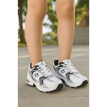 Günlük Unisex Beyaz Siyah Sneaker Kaymaz Yüksek Taban Desenli Triko Bağcıklı Koşu Spor Ayakkabı