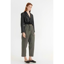 Yüksek Bel Bağcık Detaylı  Pileli Kadın Pantolon