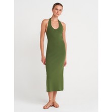91476 Halter Yaka Midi Elbise-Koyu Haki