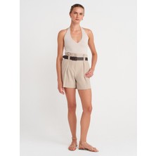 72152 Kemerli Yüksek Bel Şort-Taş