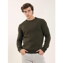 Dufy Haki Erkek Oversize Düz Pamuklu Bisiklet Yaka Sweatshirt