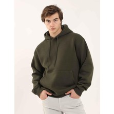 Dufy Haki Erkek Oversize Düz Pamuklu Kapüşonlu Sweatshirt