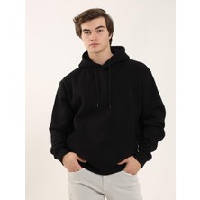 Dufy Siyah Erkek Oversize Düz Pamuklu Kapüşonlu Sweatshirt