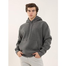Dufy Antrasit Erkek Oversize Düz Pamuklu Kapüşonlu Sweatshirt