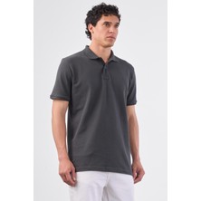 Antrasit Polo Yaka Pamuklu Düz Renk Slim Fit Erkek T-shirt