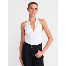 31968 Büzgülü Halter Yaka Top-Beyaz