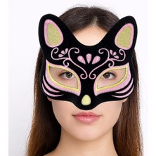 Siyah Renk Süet Kaplama Üzeri Sarı Pembe Simli Kedi Maskesi 17X14 cm