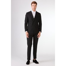 Siyah Çizgili Sivri Yaka Slim Fit Erkek Takım Elbise