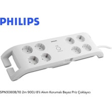 Philips SPN3080B/10, Çoklayıcı, 900J 8'li Akım Korumalı 2 Metre, Beyaz Renk