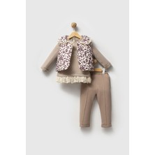 Miniğimin Cicileri Leopar Şişme Yelekli Güpür Detaylı Kız Bebe 3 lü takım - Kahve Köpüğü