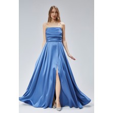 Kadın Abiye ve Mezuniyet Taşlı Drape Detaylı Yırtmaçlı Straplez Saten Abiye Elbise