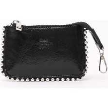 SHAKA Siyah SHK192 Suni Deri Boncuklu Charm Çanta Aksesuarı, Kartlık Cüzdan