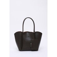 Kahve Rengi SHK122 Suni Deri, Çıtçıtlı, Makyaj Çantalı, Cüzdanlı El, Kol ve Omuz Çantası