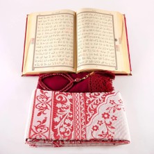 Şal + Seccade + Tesbih + Kuran Hediye Seti (Çanta Boy, Kadife, Bordo)