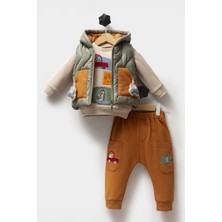 Miniğimin Cicileri Araba Detaylı Şişme Yelekli Erkek Bebe 3 lü takım - Haki