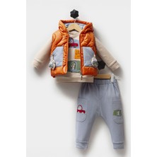 Miniğimin Cicileri Araba Detaylı Şişme Yelekli Erkek Bebe 3 lü takım - Turuncu